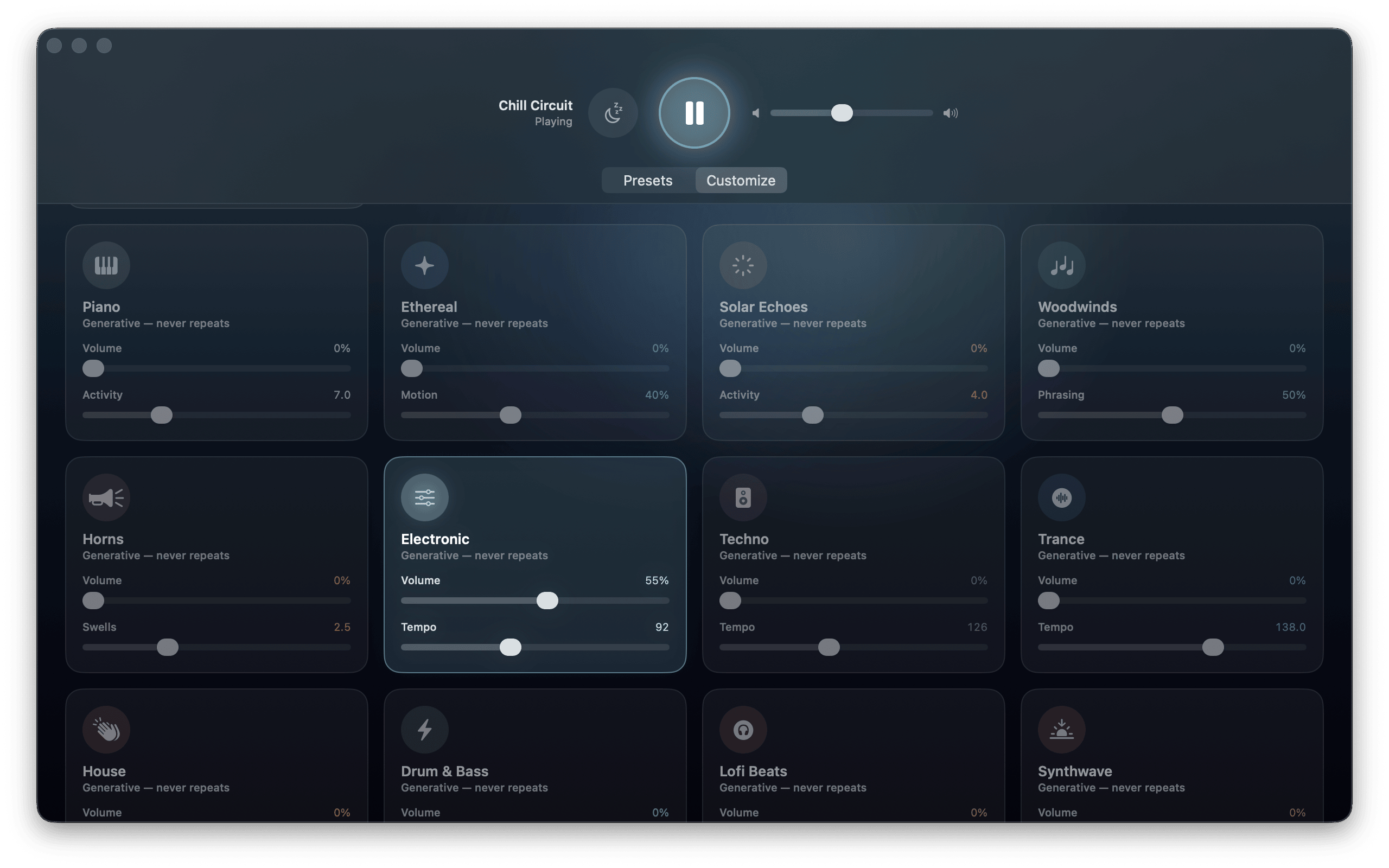 The Customize mixer — every sound as a card with its own volume and character slider: wind-chime density, thunder frequency, heartbeat BPM, and the generative music channels