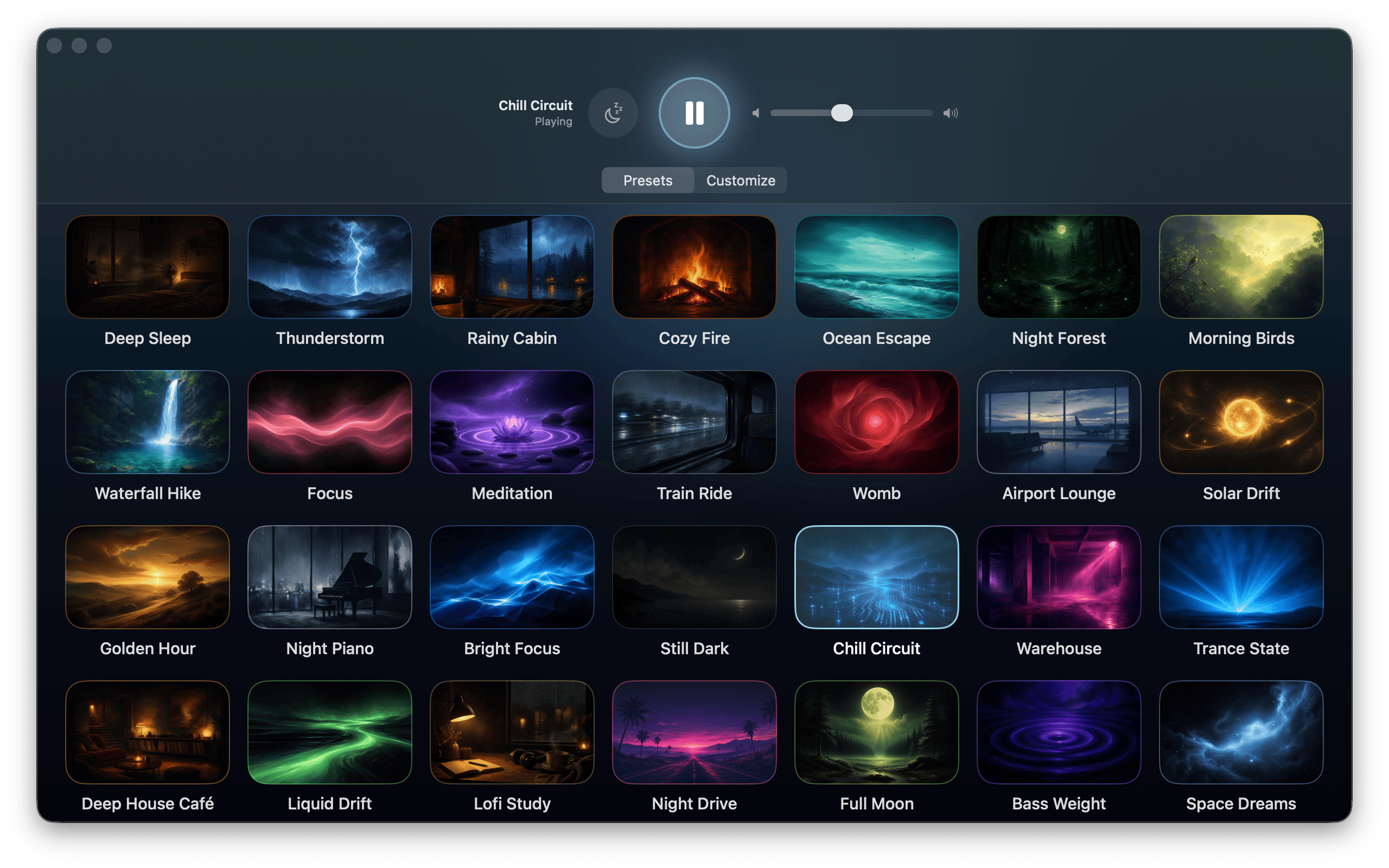 The preset grid — one-tap scenes from Deep Sleep and Thunderstorm to Lofi Study and Wind Garden, with play and sleep-timer controls above