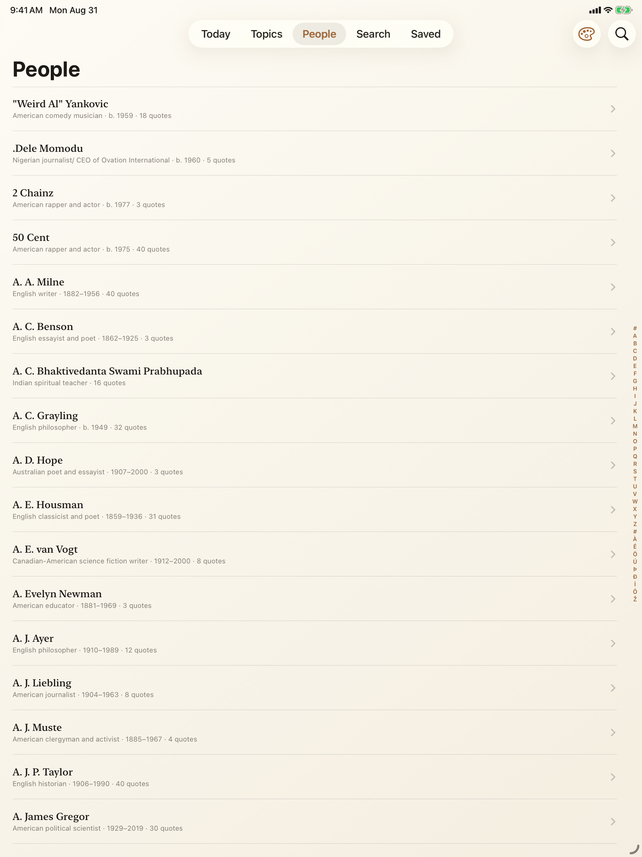 People on iPad: the library alphabetically, with an A to Z rail