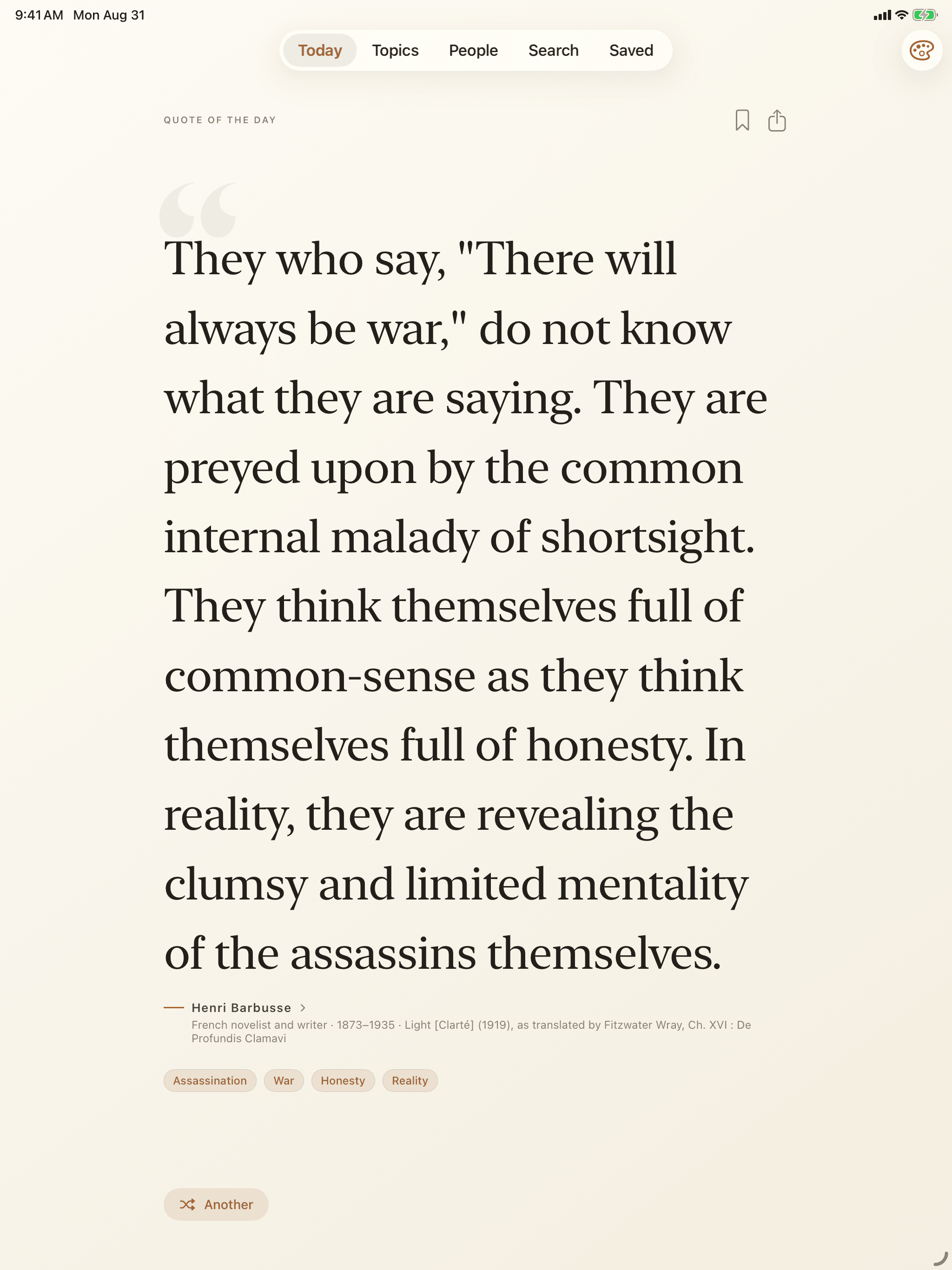 Today on iPad: a cited quotation set large, with attribution, citation, topic chips, and tabs for Today, Topics, People, Search, and Saved