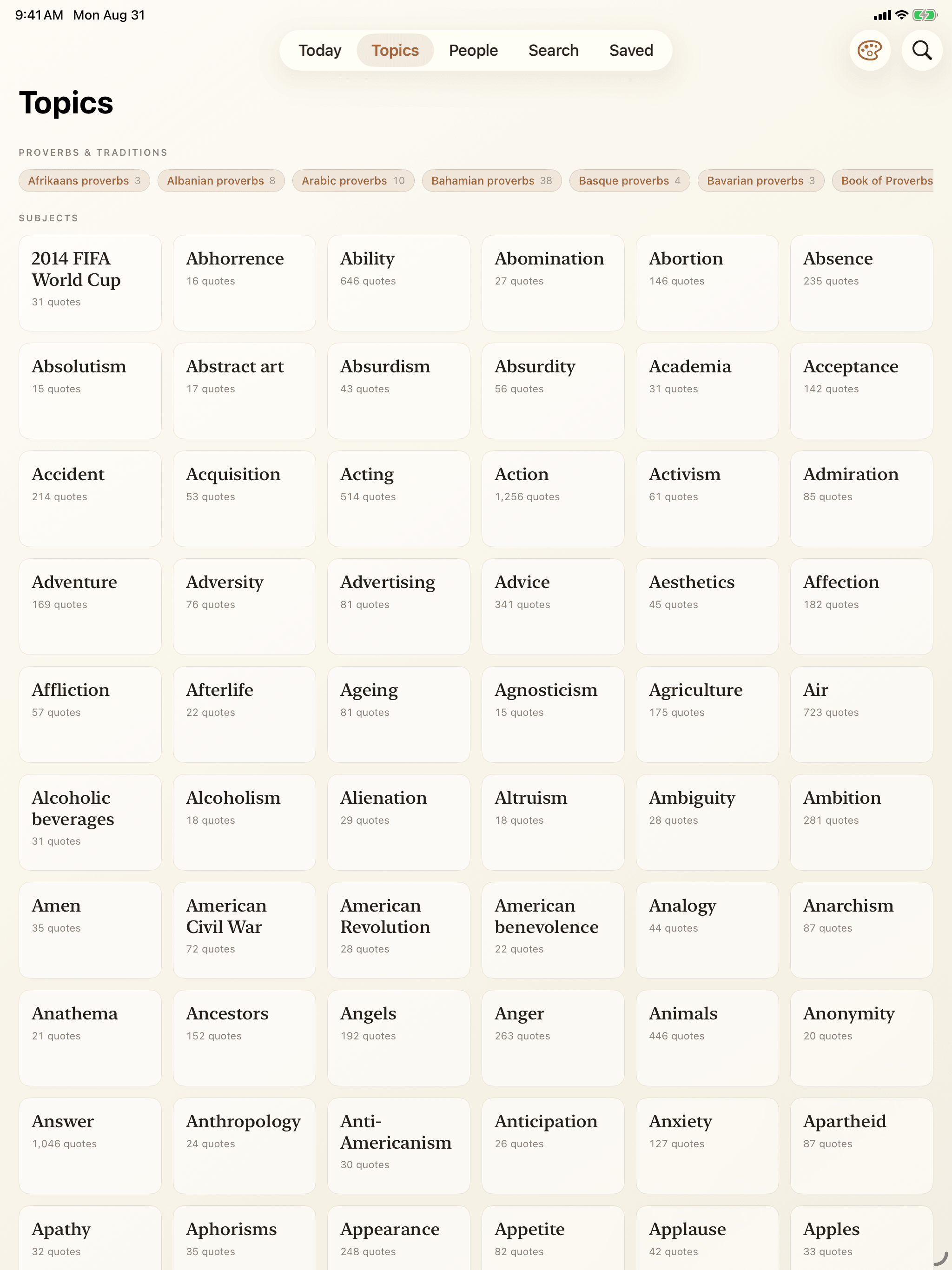 Topics on iPad: a grid of subject tiles above a band of proverb collections