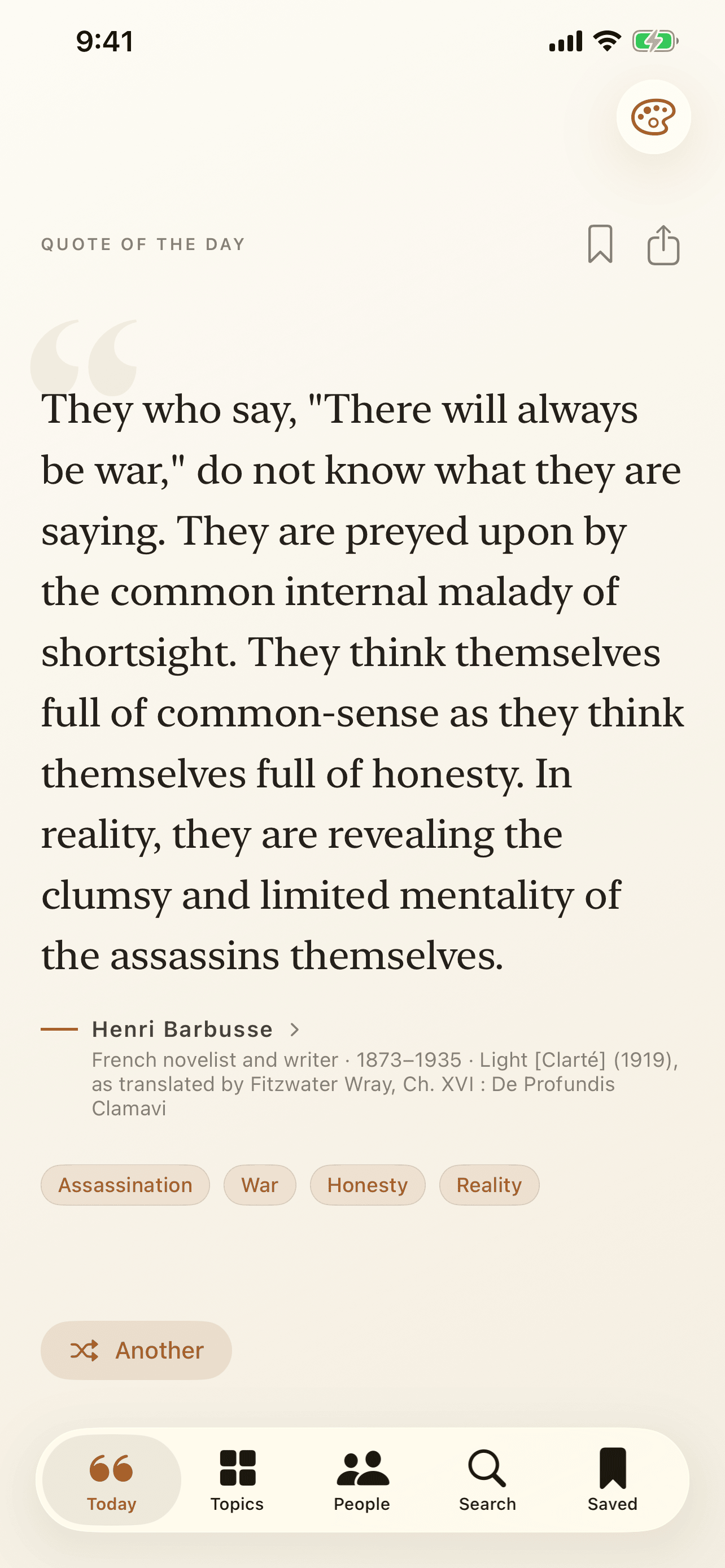 Today on iPhone: a cited quotation filling the page, with author, citation, topic chips, and Another
