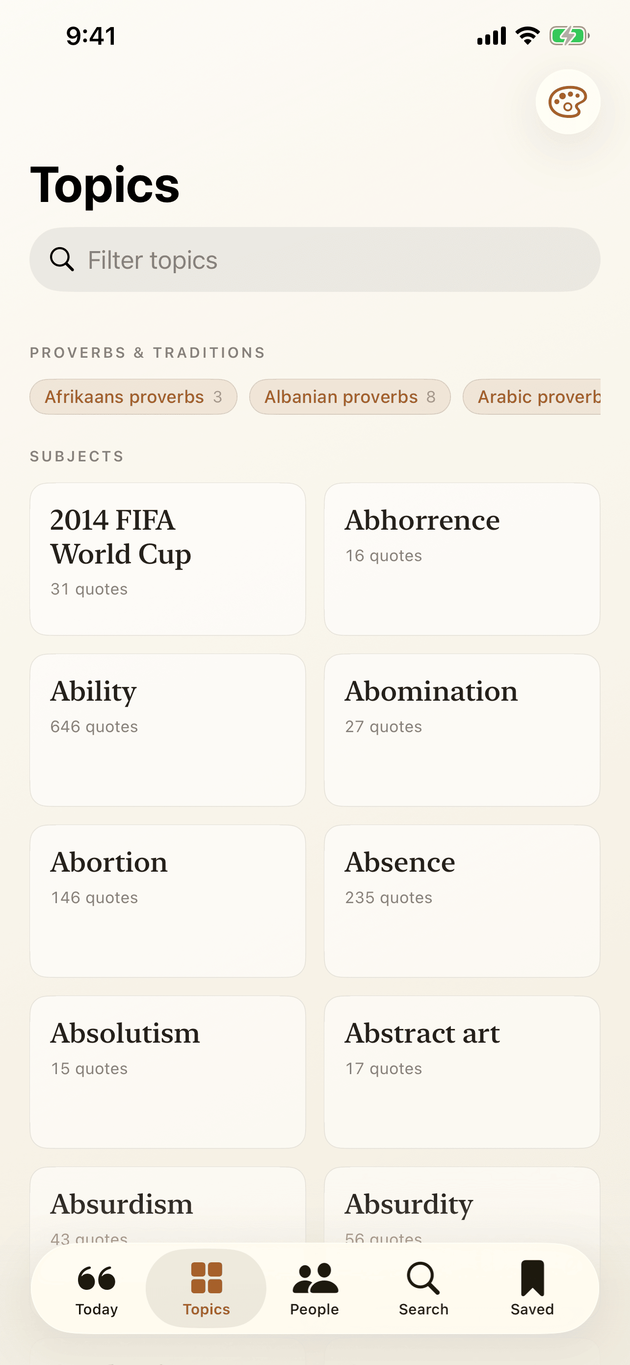 Topics on iPhone: proverb collections above a grid of subject tiles, each with a count