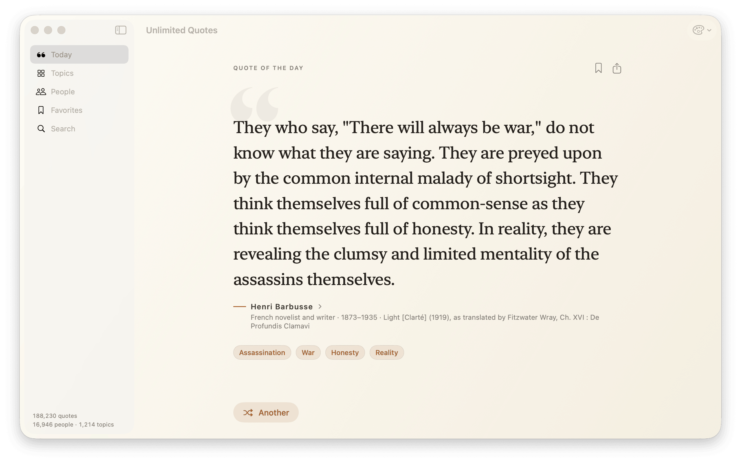 Today on Mac: a cited quotation set large in a serif, with author, dates, occupation, edition, and topic chips