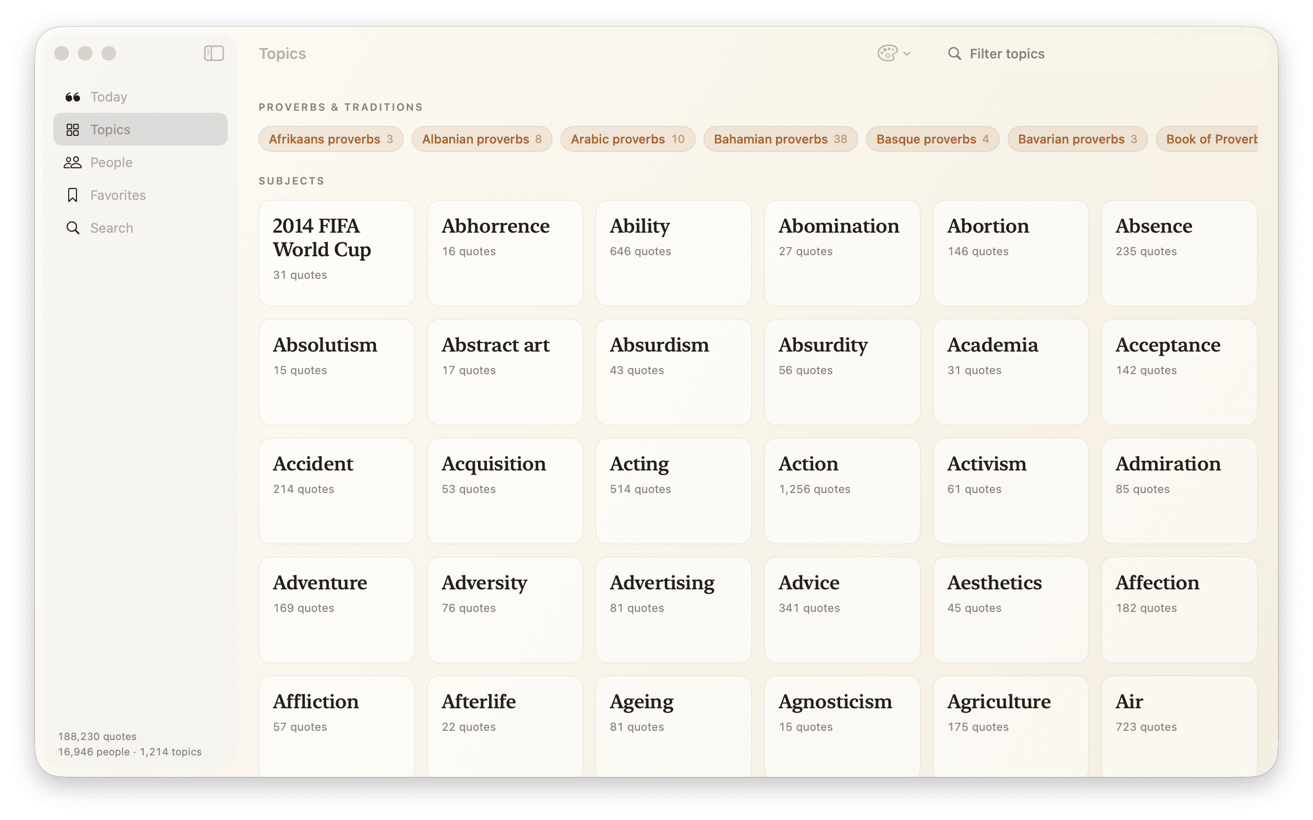 Topics on Mac: proverb collections above a grid of subject tiles, each with a count