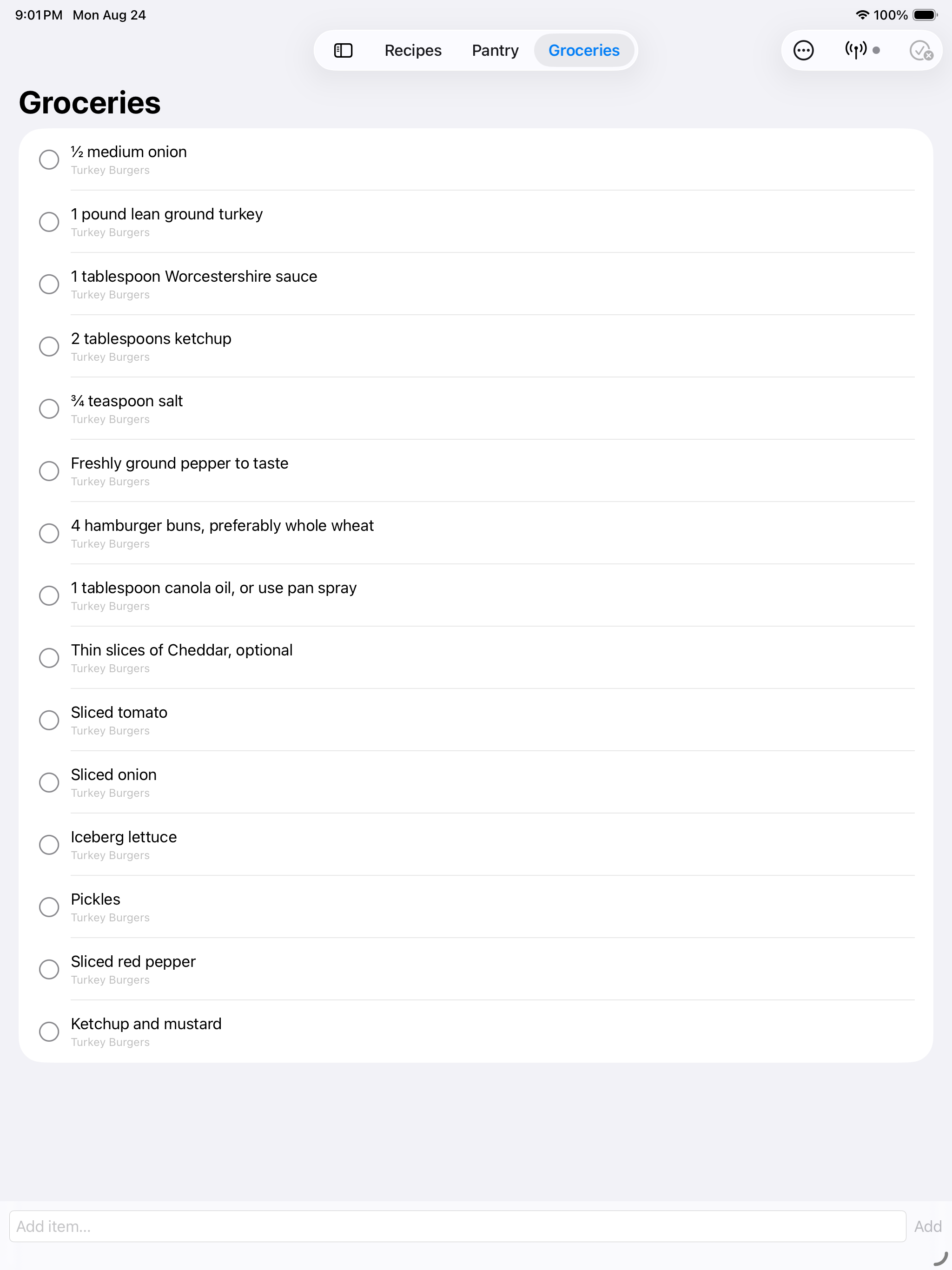 The grocery list on iPad &mdash; every ingredient from Turkey Burgers checked off one by one, each still labelled with the recipe it came from, over a field to add an item by hand