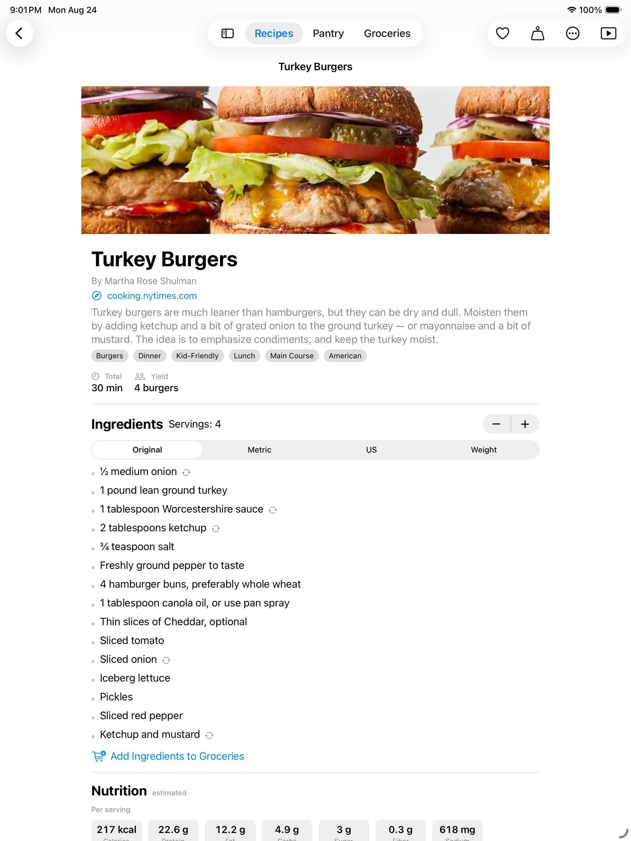 A recipe on iPad &mdash; Turkey Burgers with its photograph, source and headnote, ingredients scaled to 4 servings with unit switching, an &lsquo;add ingredients to groceries&rsquo; action, and estimated nutrition per serving at 217 kcal, 22.6 g protein, 12.2 g fat, 4.9 g carbohydrate, 3 g sugar, 0.3 g fibre and 618 mg sodium
