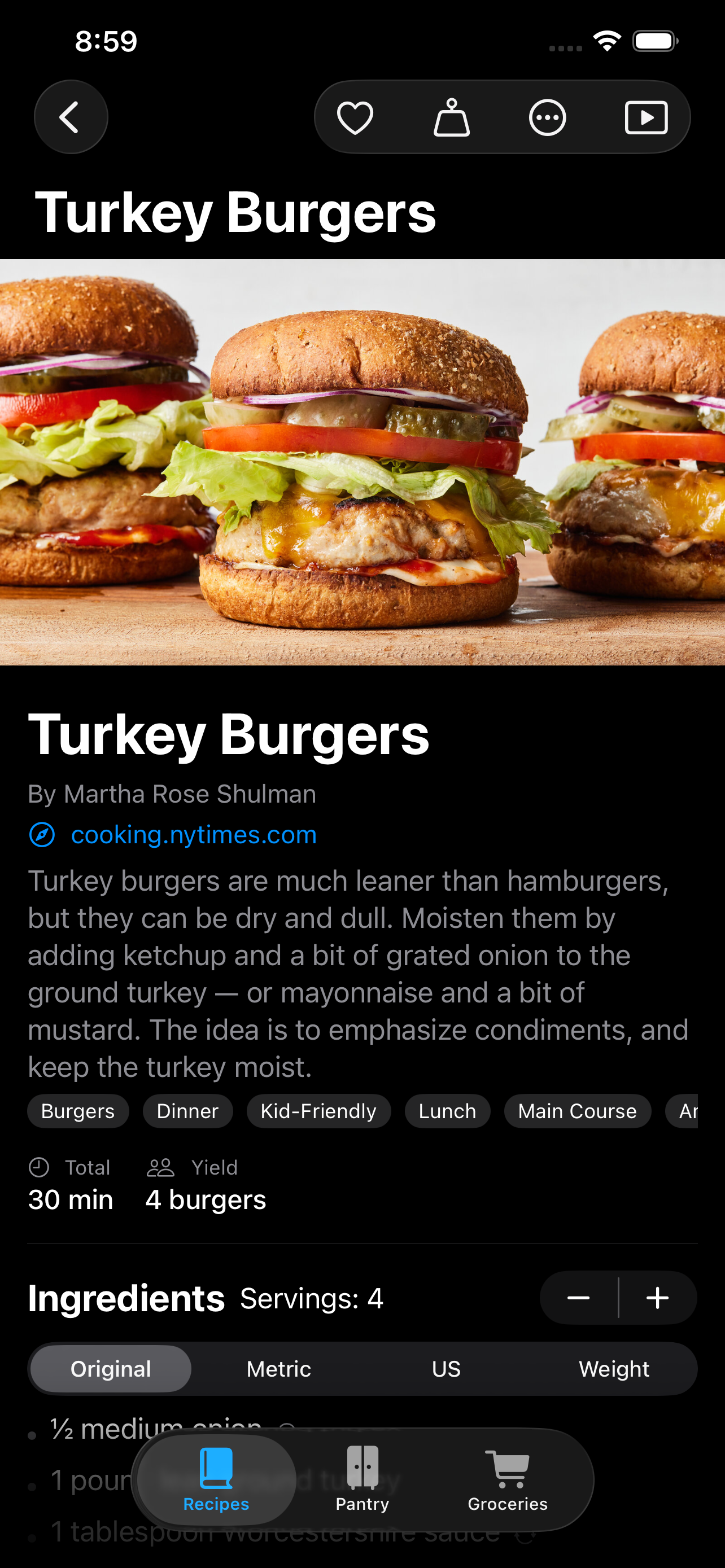 A recipe on iPhone &mdash; Turkey Burgers imported from cooking.nytimes.com and credited to Martha Rose Shulman, with its headnote, the tags burgers, dinner, kid-friendly, lunch and main course, 30 minutes total for a yield of 4 burgers, and an ingredient list that rescales with servings and switches between original, metric, US and weight