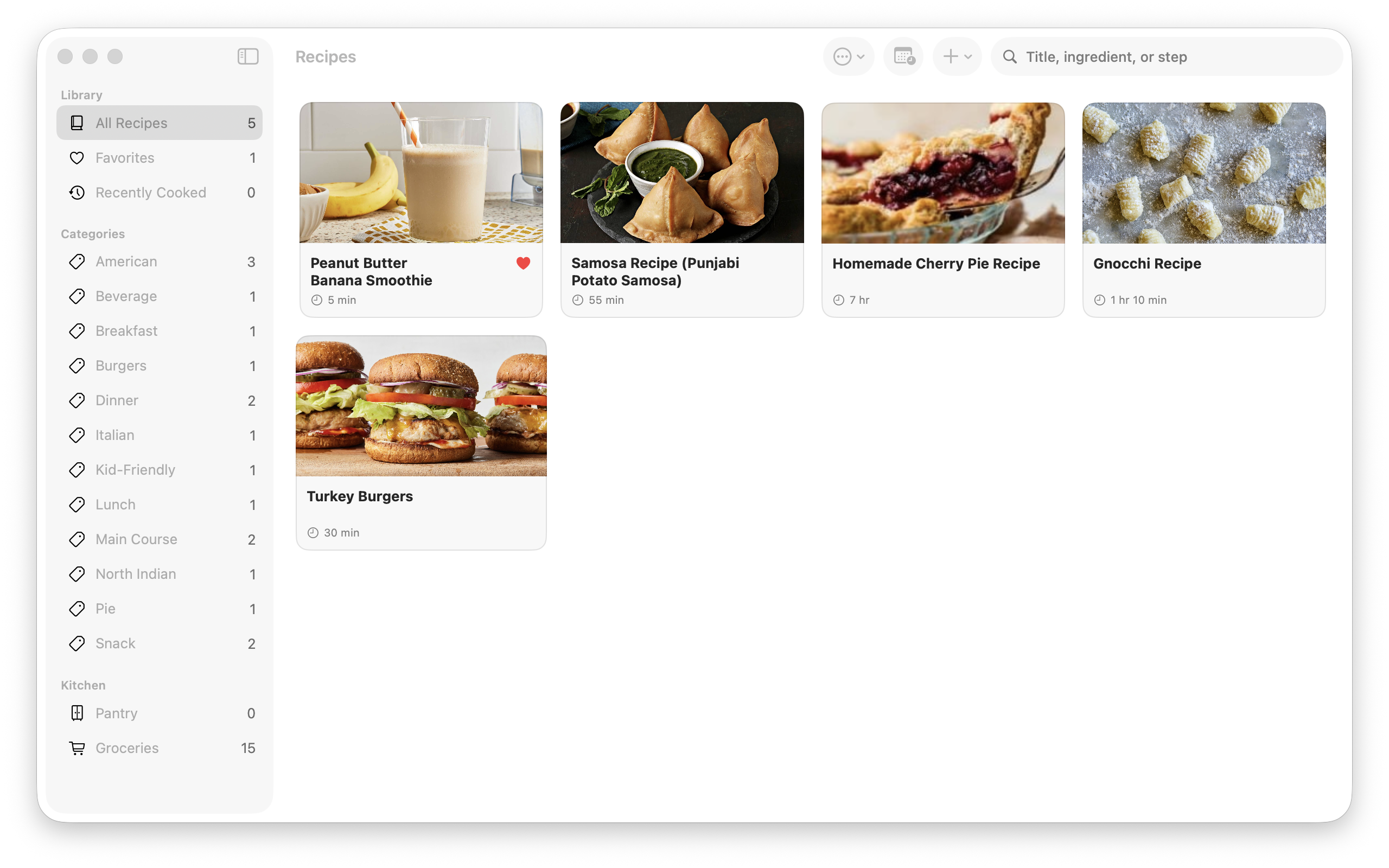 The library on the Mac &mdash; recipe cards with their photographs and total times, a sidebar of Favorites and Recently Cooked, categories counted as they are used, and the pantry and grocery list beneath