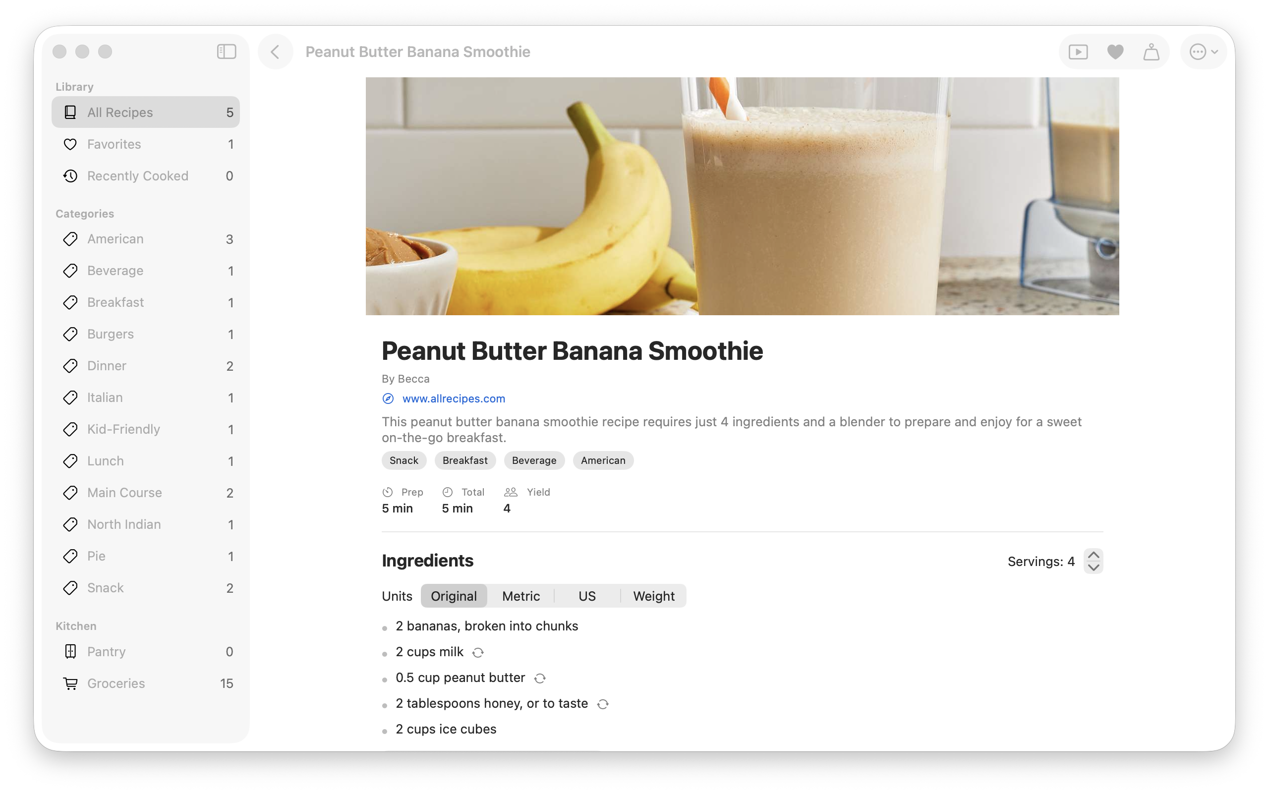 A recipe open on the Mac &mdash; its photograph, author and original web source, prep and total time, yield, and the ingredient list with servings scaling and a switch between original, metric, US and weight units