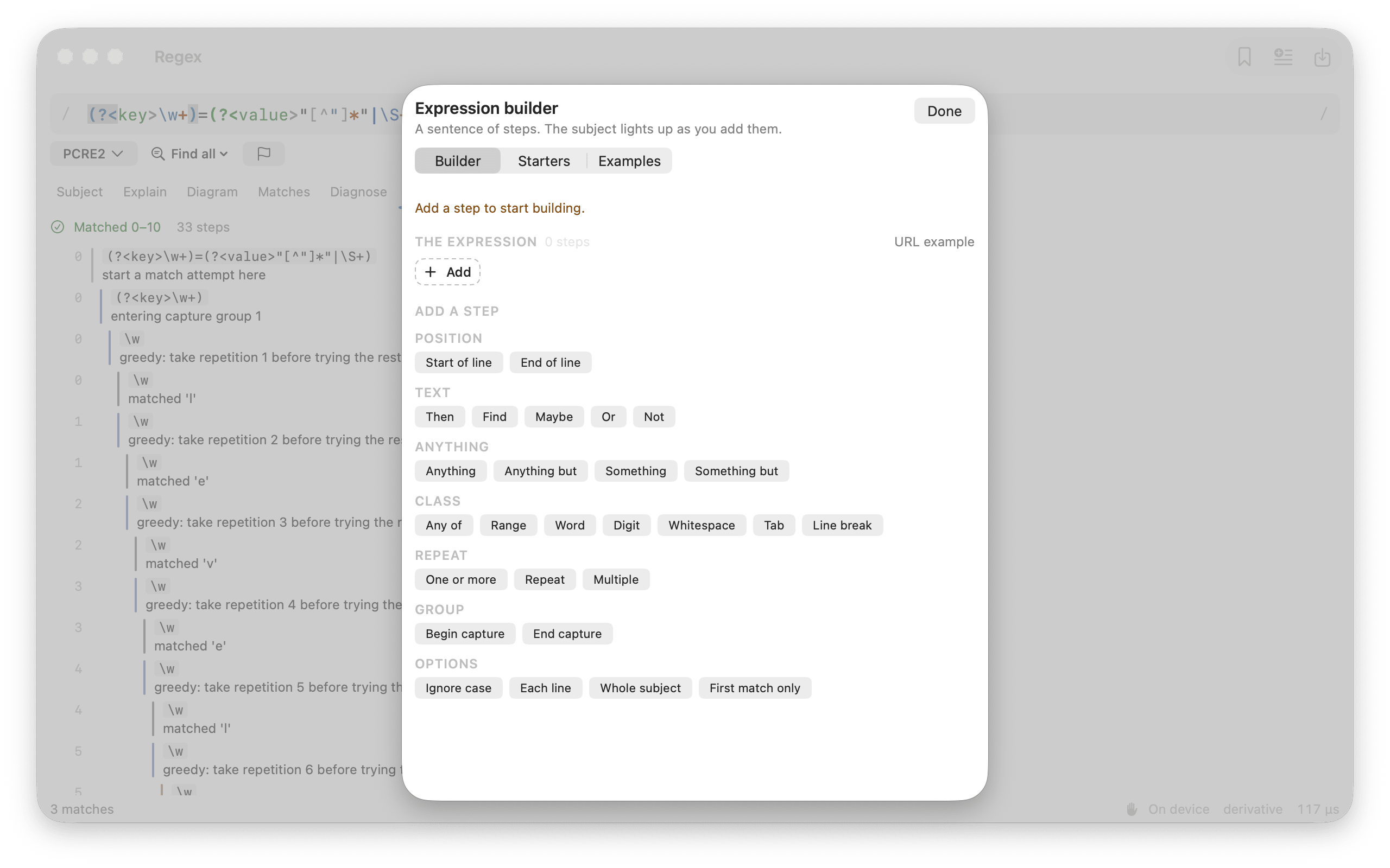 The expression builder sheet open over a backtracking trace &mdash; a palette of steps grouped as position, text, anything, class, repeat, group, and options, with buttons such as Start of line, Maybe, Anything but, Range, One or more, and Begin capture, over the trace showing each greedy repetition and the character it matched