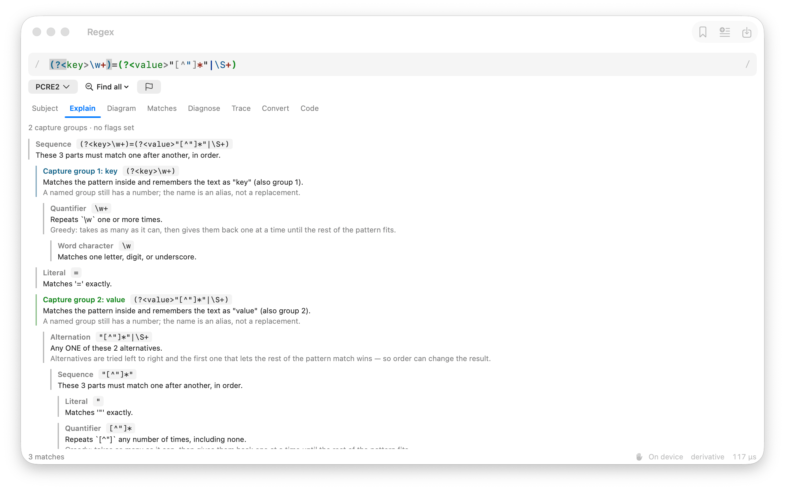 The Mac app&rsquo;s Explain tab taking the same pattern apart in plain language &mdash; a sequence of 3 parts, then capture group 1 named key, its greedy one-or-more quantifier, the literal equals sign, and capture group 2 named value with its two alternatives &mdash; each entry showing the fragment it describes and a note such as &lsquo;a named group still has a number; the name is an alias, not a replacement&rsquo;