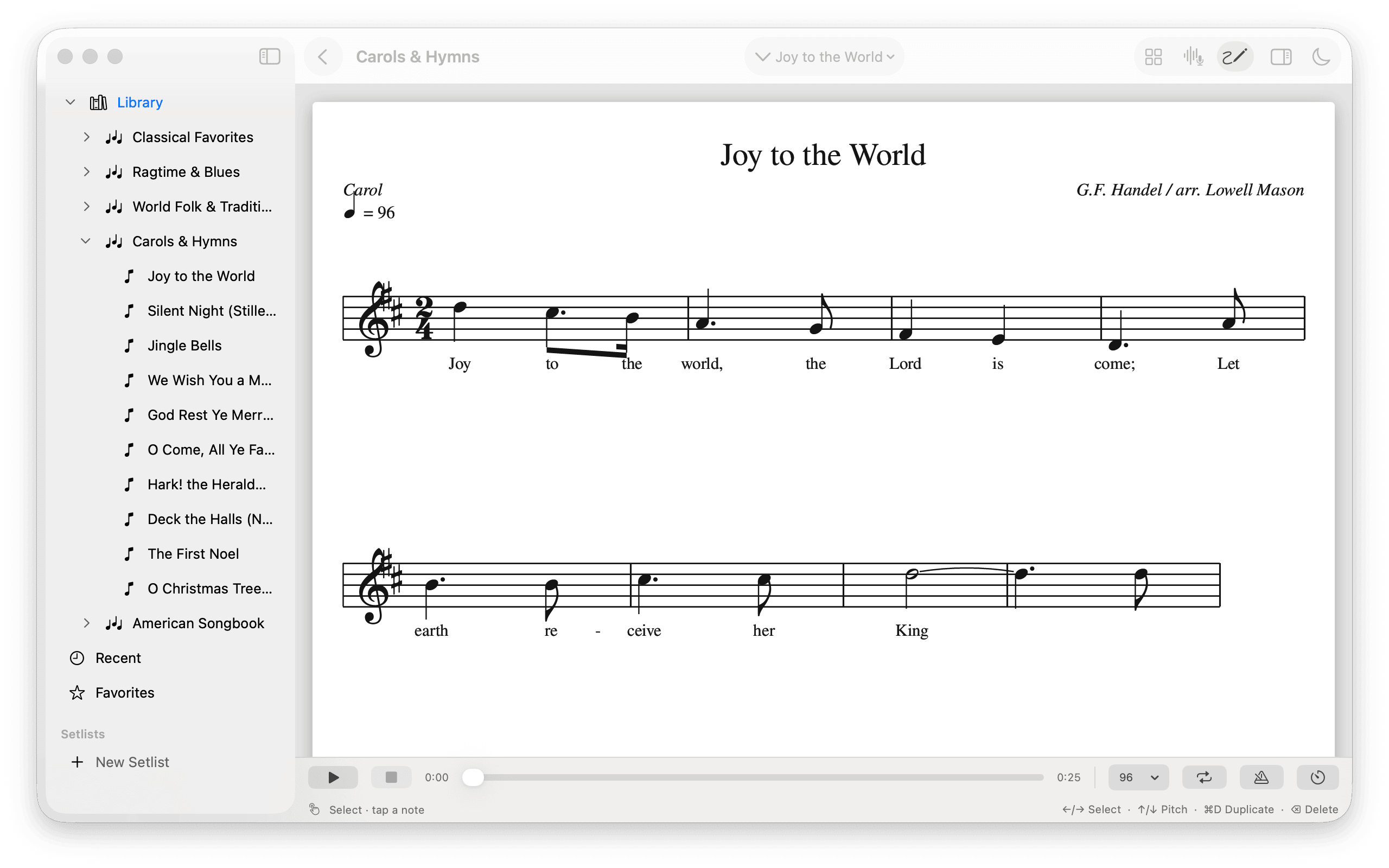The Mac app editing a tune &mdash; a rising melody on a treble-clef staff, a note palette with durations, pitches, rests, and bars, and a playback bar with speed, loop, metronome, and count-in controls
