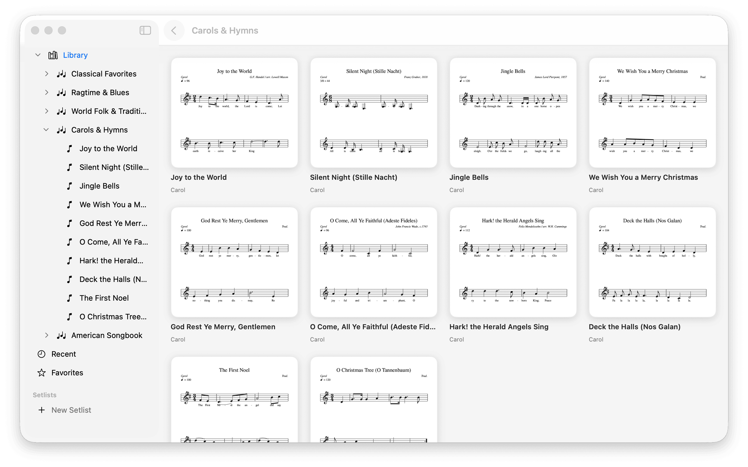 The Mac app&rsquo;s library &mdash; a sidebar of tunebook collections (Classical Favorites, Ragtime & Blues, World Folk & Traditional, Carols & Hymns, American Songbook) with Recent, Favorites, and setlists, and a grid of engraved score thumbnails for the Carols & Hymns collection: Joy to the World, Silent Night, Jingle Bells, and more