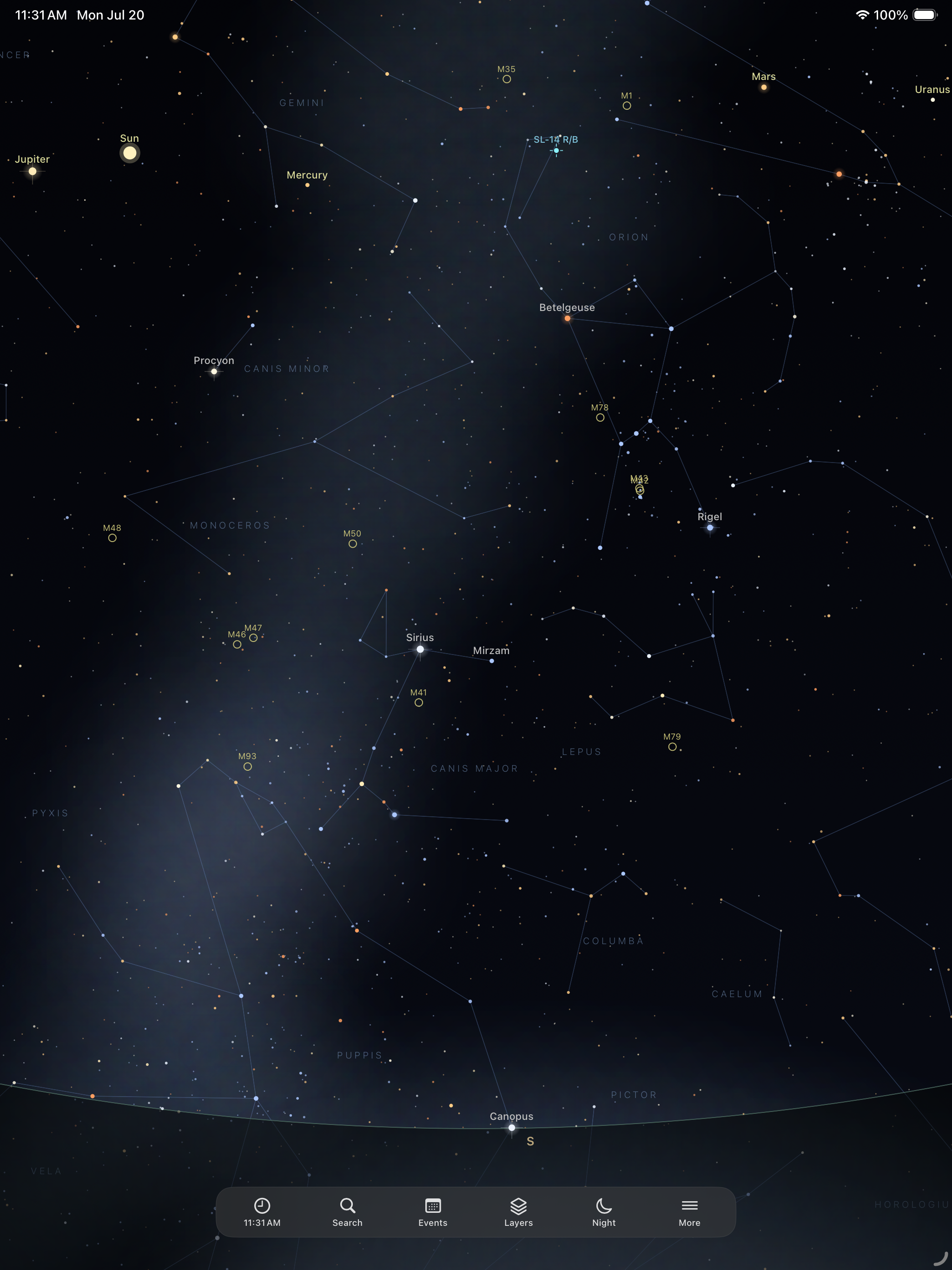 The sky chart on iPad &mdash; Orion, Gemini, Canis Major and their neighbours drawn with constellation lines and the Milky Way behind them, the Sun, Mercury, Mars, Jupiter and Uranus on the ecliptic, Sirius, Betelgeuse, Rigel, Procyon, Mirzam and Canopus named, Messier objects circled, and the southern horizon curving across the bottom