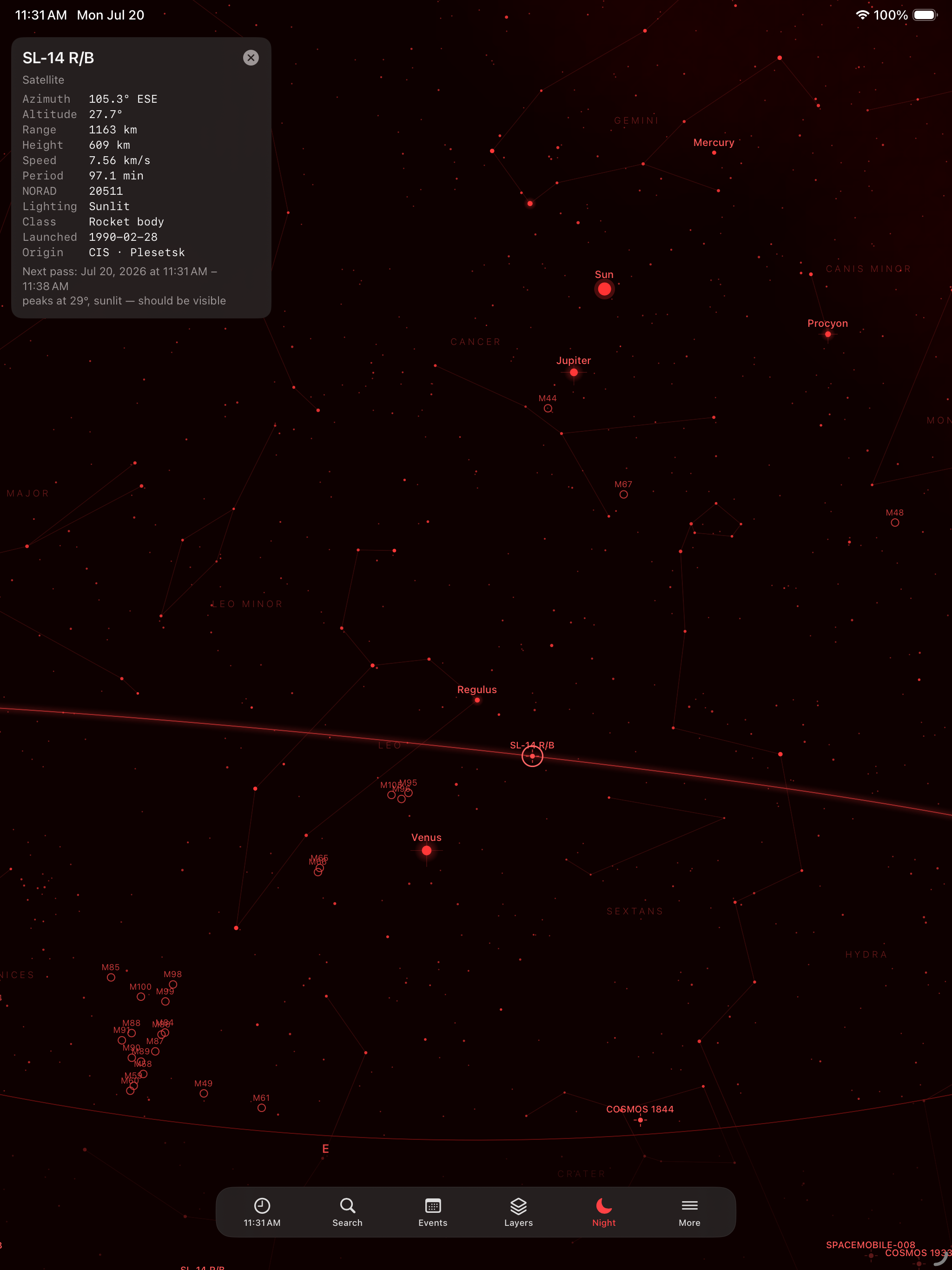 Night mode on iPad &mdash; the chart rendered in red with a Soviet rocket body from 1990 selected and its full record shown: azimuth 105.3&deg; ESE, altitude 27.7&deg;, range 1163 km, height 609 km, speed 7.56 km/s, period 97.1 min, NORAD 20511, sunlit, launched from Plesetsk, with a pass peaking at 29&deg;
