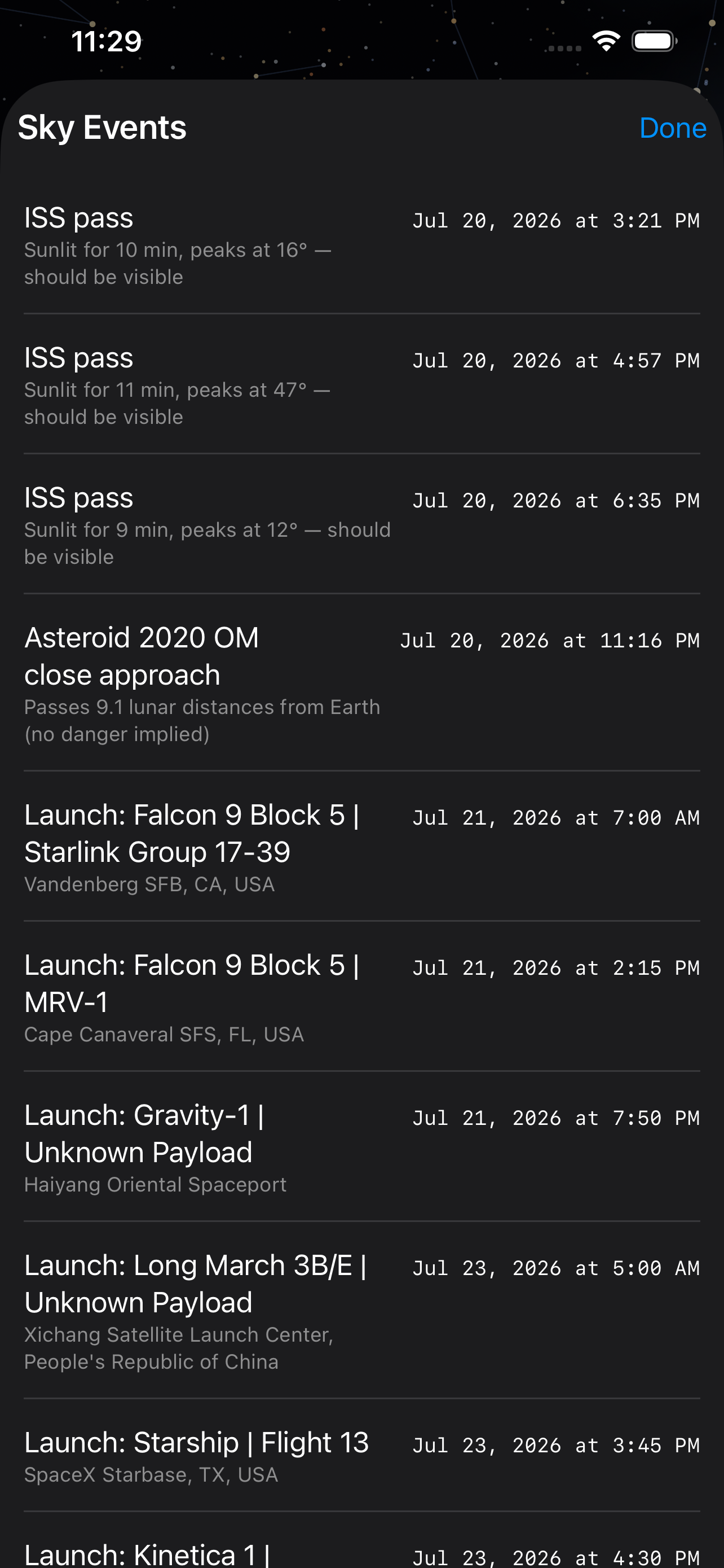 Sky Events on iPhone &mdash; three ISS passes on one evening with how long each stays sunlit and how high it peaks, an asteroid close approach given in lunar distances with &lsquo;no danger implied&rsquo; spelled out, and upcoming launches named by vehicle, payload and pad from Vandenberg, Cape Canaveral, Haiyang, Xichang and Starbase