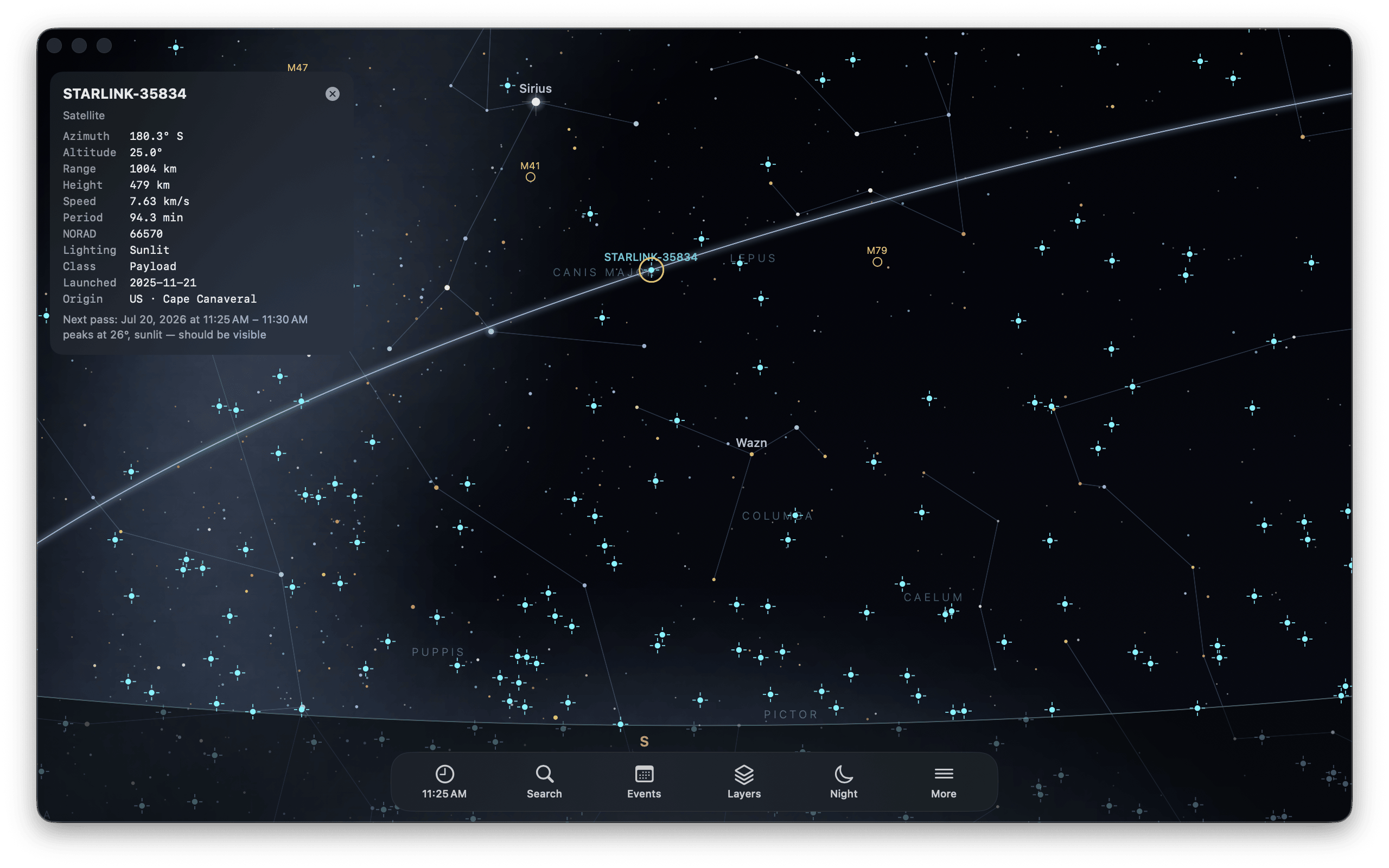 The Mac app tracking a Starlink satellite across the constellation Hydra — a live info card shows its speed, height, and distance, its path arcs across the star field, and a pass prediction reads: peaks at 17&deg;, sunlit — should be visible