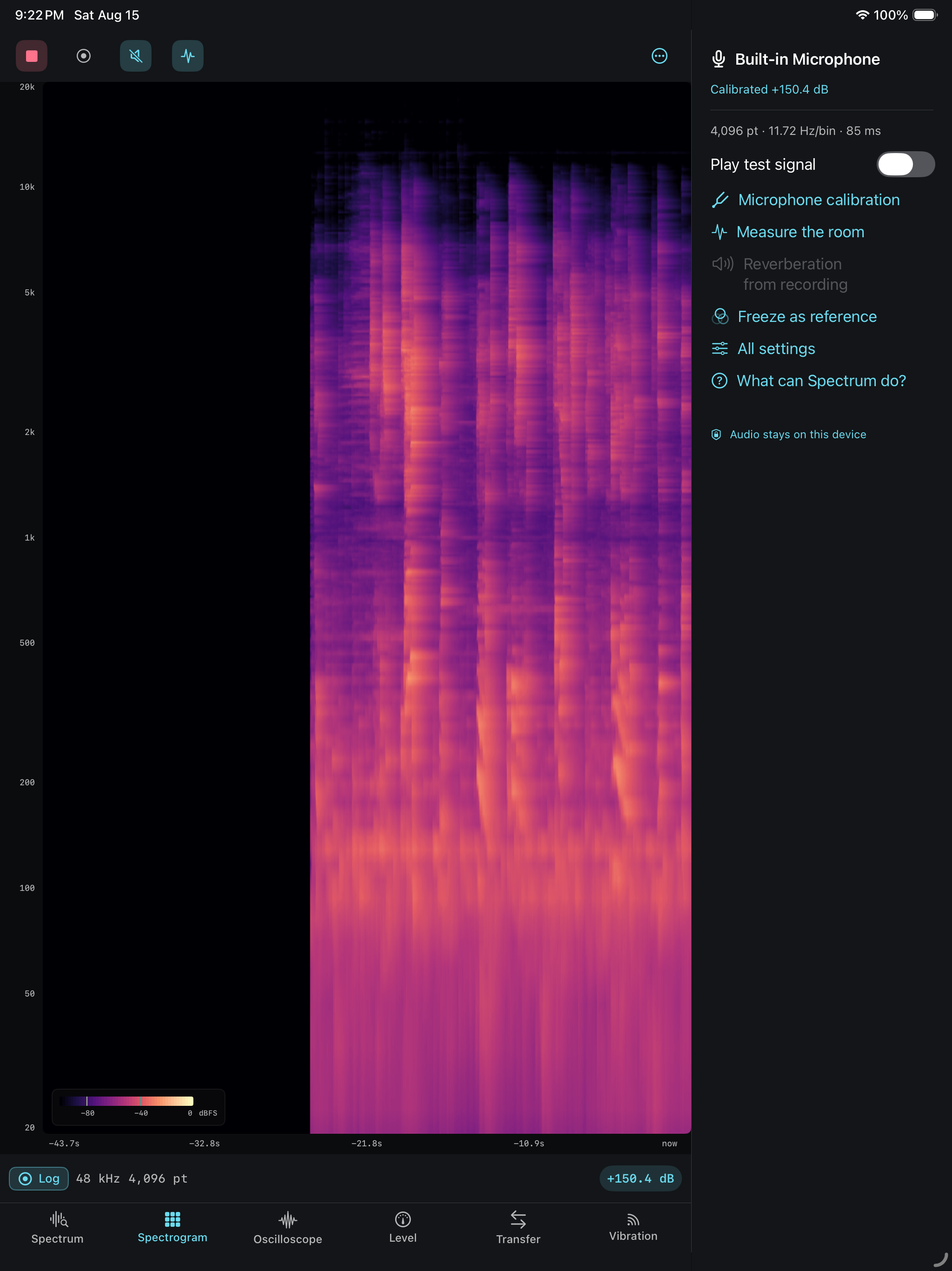 The spectrogram on iPad &mdash; the same forty-four-second waterfall from 20 Hz to 20 kHz on a magma scale, beside the microphone inspector and its calibration, room measurement and reference controls