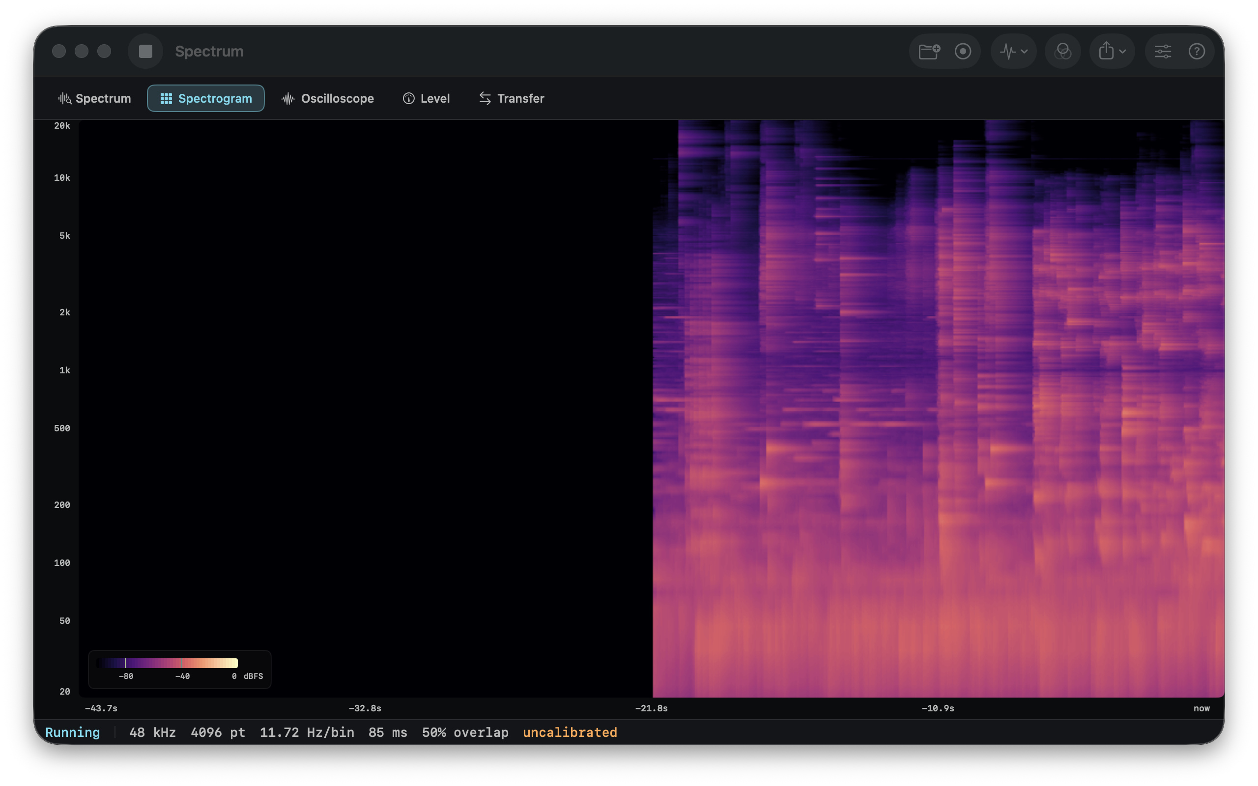 The Spectrogram tab &mdash; a scrolling waterfall of the last 43 seconds on a logarithmic scale from 20 Hz to 20 kHz, purple in the quiet high end warming to orange through the loud low end, with the color-map key showing &minus;80 to 0 dBFS and the time axis running from &minus;43.7 seconds to now