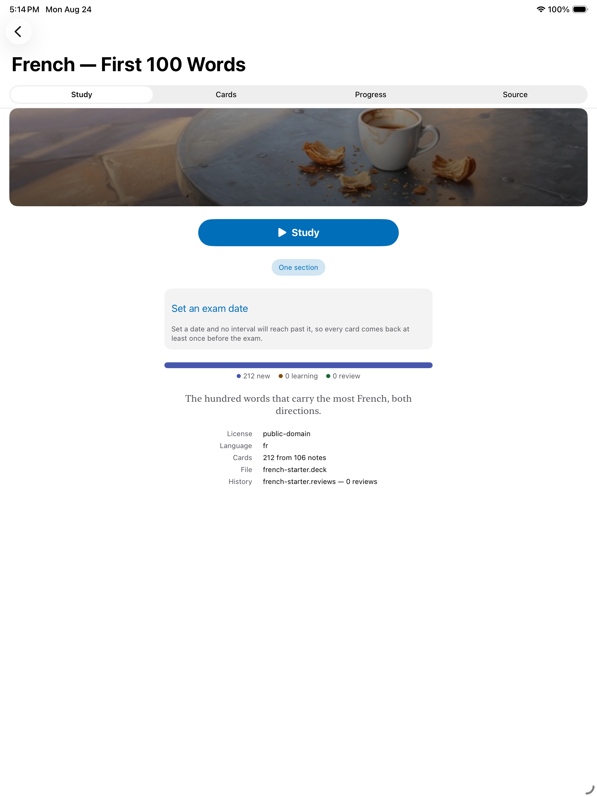A deck on iPad &mdash; French &mdash; First 100 Words with its cover, a Study button, the exam-date option, and the source panel giving the licence as public domain, the language as fr, 212 cards from 106 notes, and the deck and review files by name