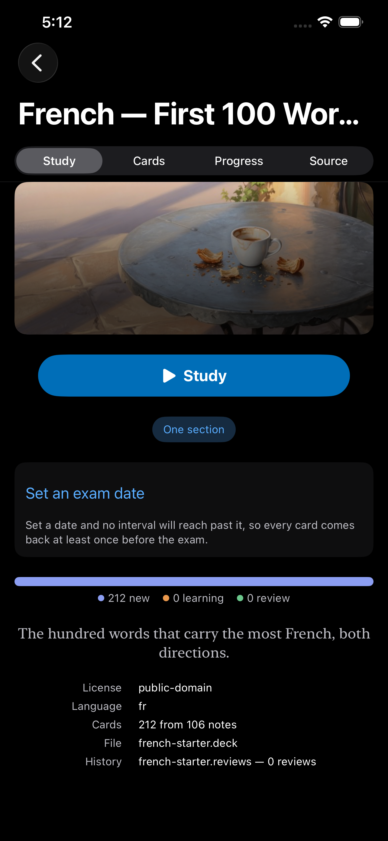 A deck on iPhone &mdash; French &mdash; First 100 Words with Study, Cards, Progress and Source tabs, a Study button, an option to set an exam date so no interval reaches past it, and its provenance in full: public domain, language fr, 212 cards from 106 notes, the file french-starter.deck and its review history