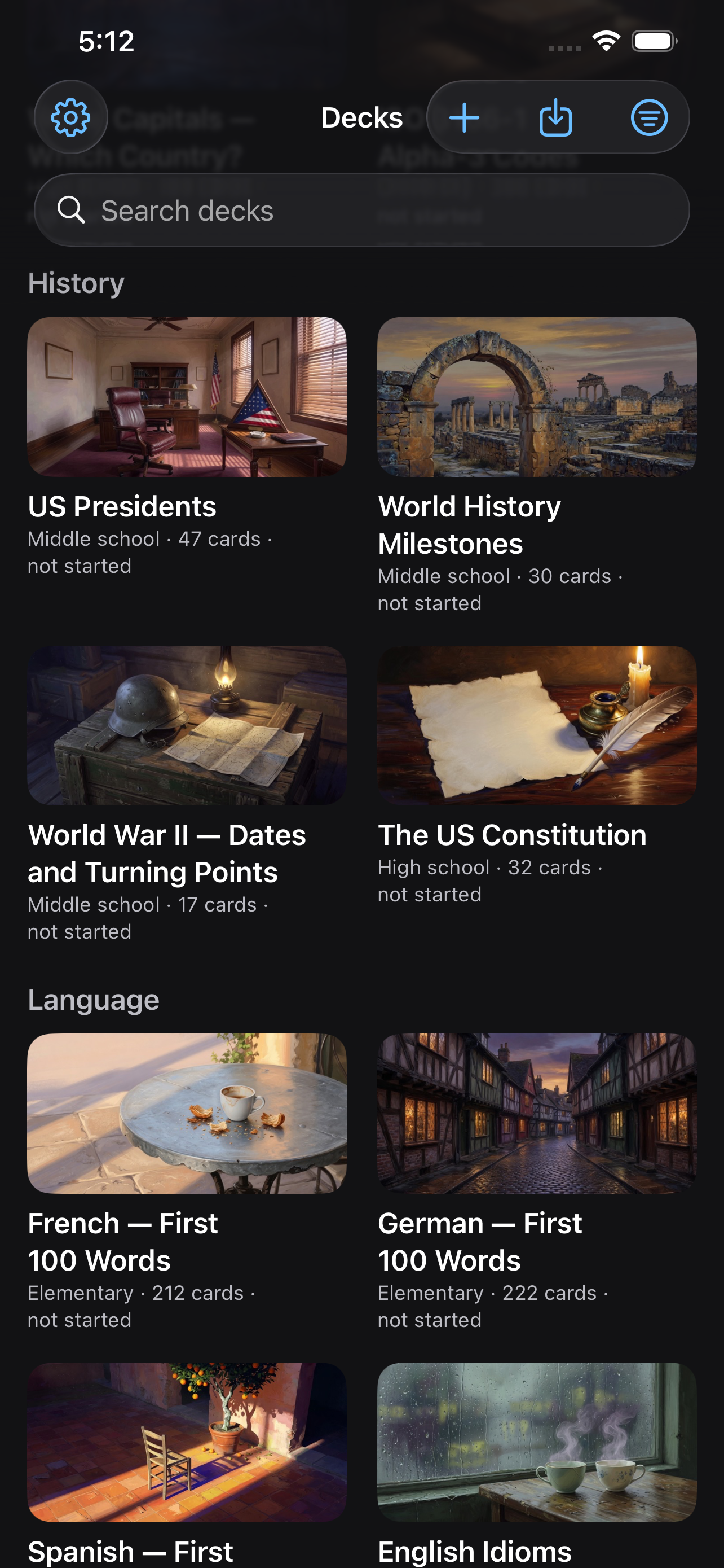 The deck shelf on iPhone &mdash; painted cover art for every deck grouped by subject: US Presidents, World History Milestones, World War II &mdash; Dates and Turning Points and The US Constitution under History, then French, German and Spanish first hundred words and English Idioms under Language, each labelled with its level and card count