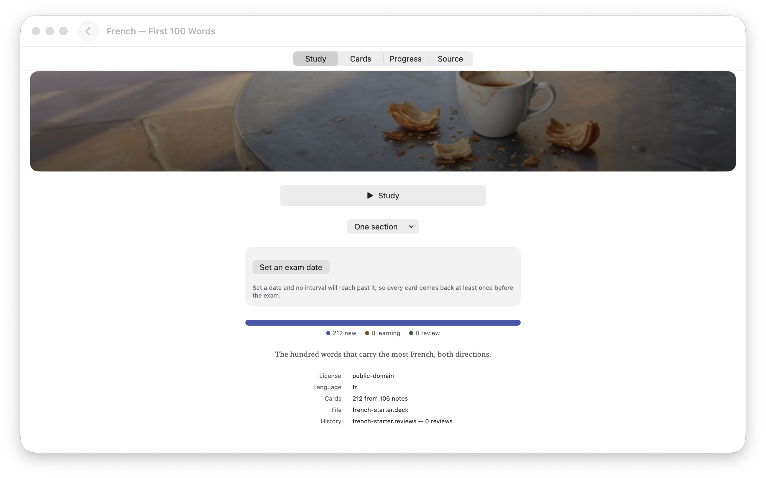 A deck opened to its Study tab, with the section to study, an optional exam date that pulls every interval in before it, the card breakdown, and the deck&rsquo;s license, language, card count, and source file