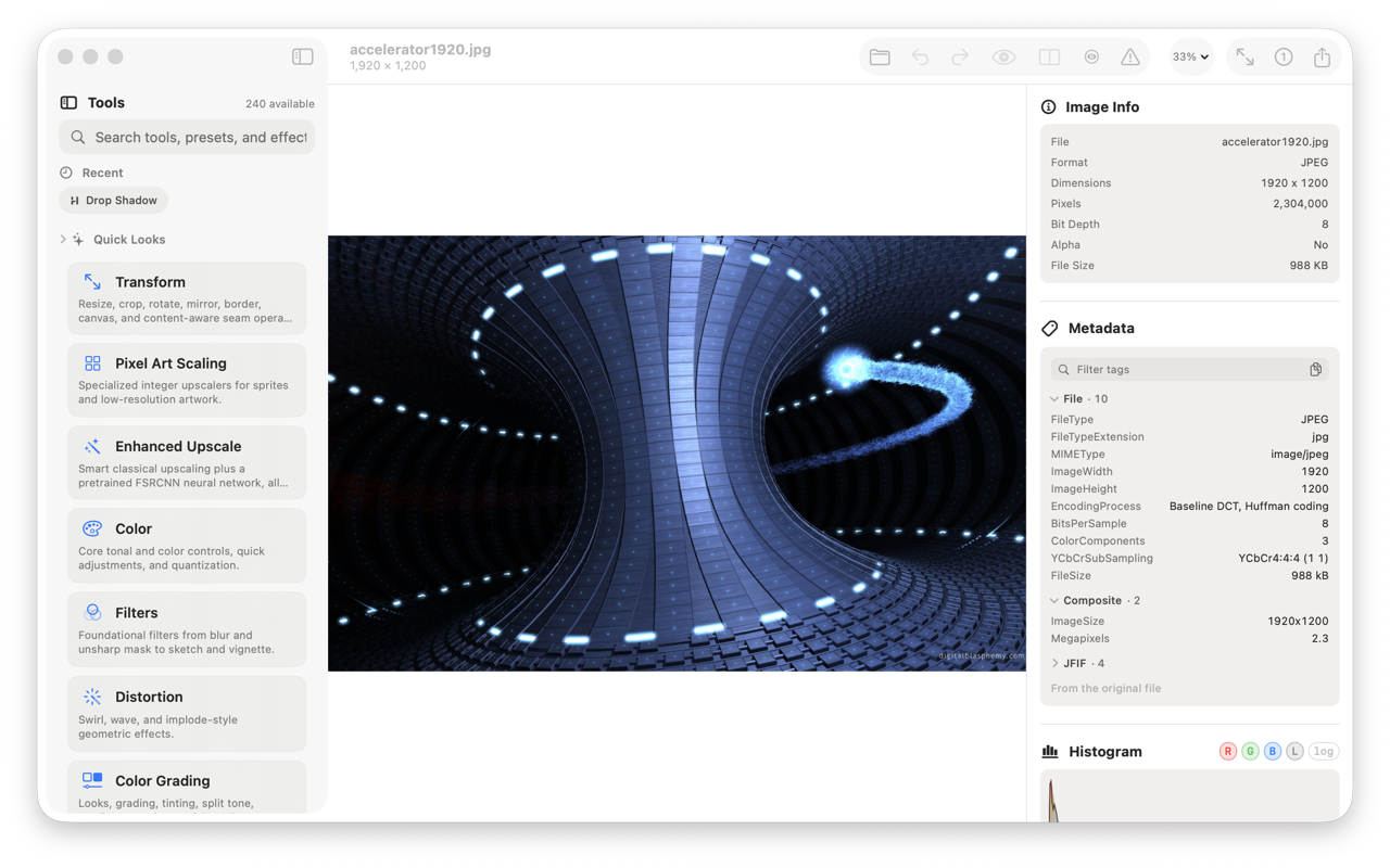 Transform on Mac — searchable tool library, live canvas, image info, metadata browser, and histogram