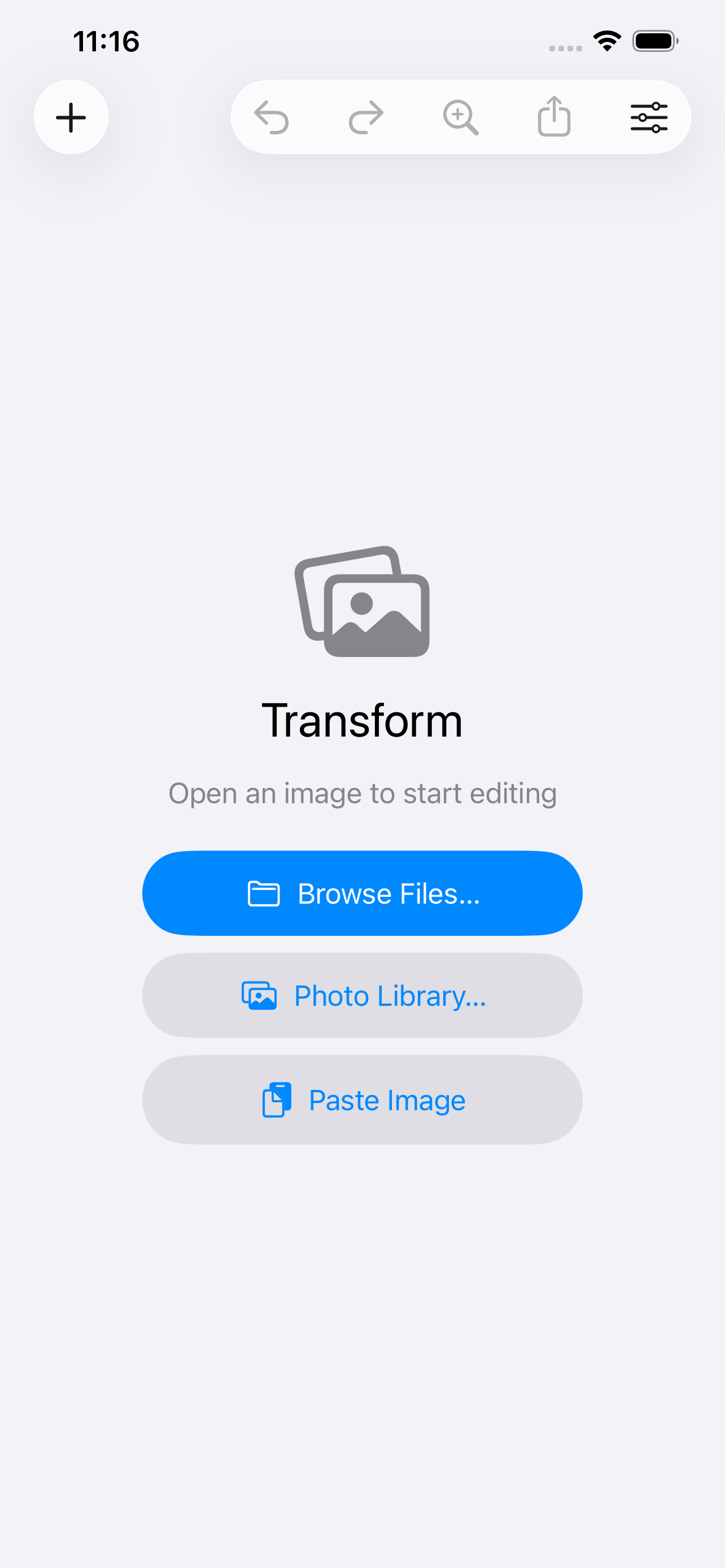 The iPhone welcome screen &mdash; &lsquo;Open an image to start editing&rsquo; over Browse Files, Photo Library and Paste Image
