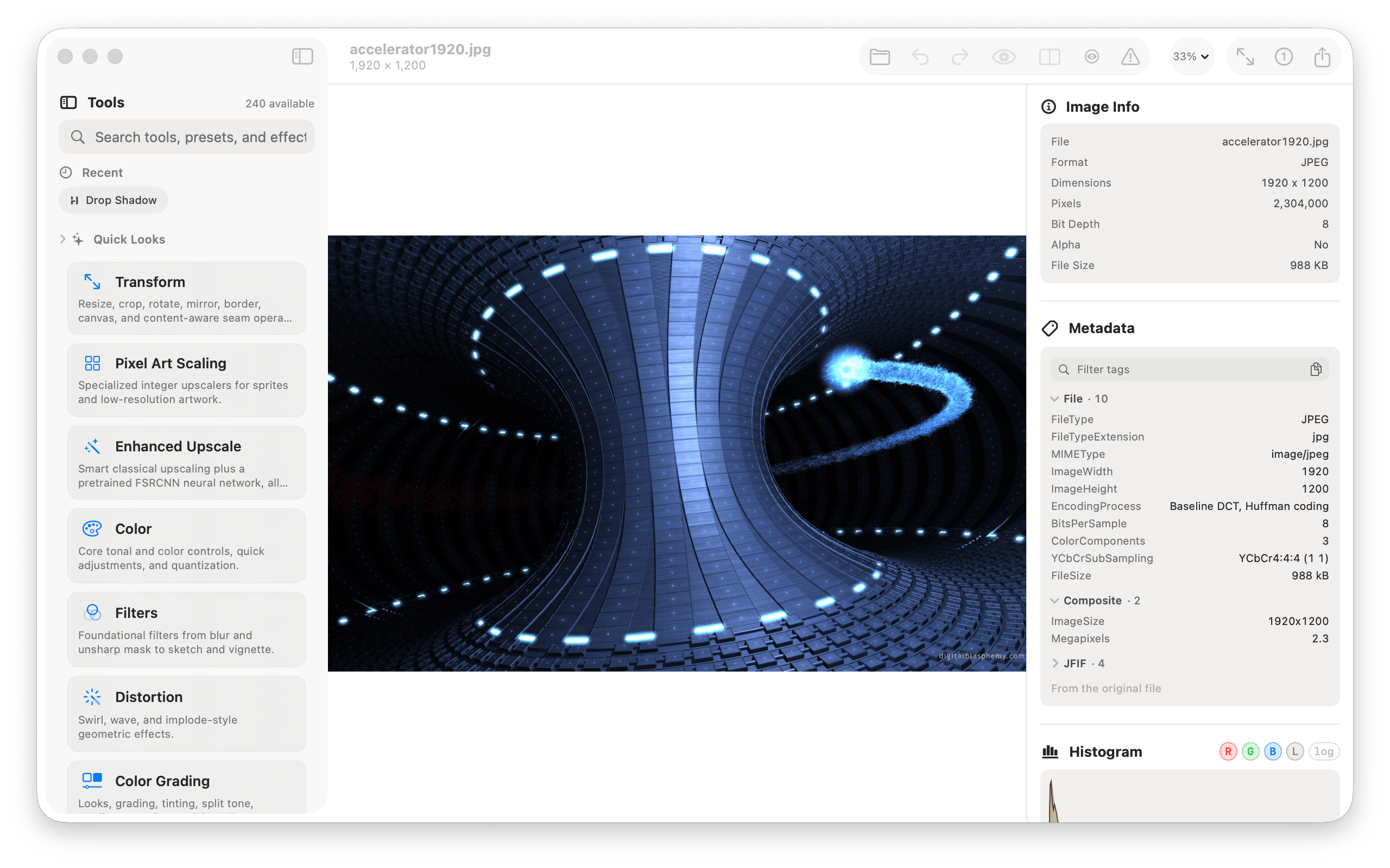 Transform on Mac — searchable tool library, live canvas, image info, metadata browser, and histogram