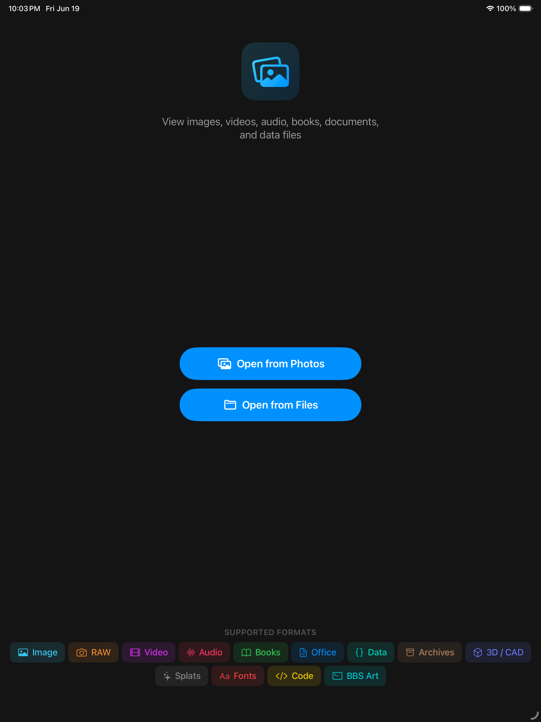 The iPad welcome screen &mdash; &lsquo;View images, videos, audio, books, documents, and data files&rsquo; over Open from Photos and Open from Files, with the supported formats tagged image, RAW, video, audio, books, office, data, archives, 3D / CAD, splats, fonts, code and BBS art