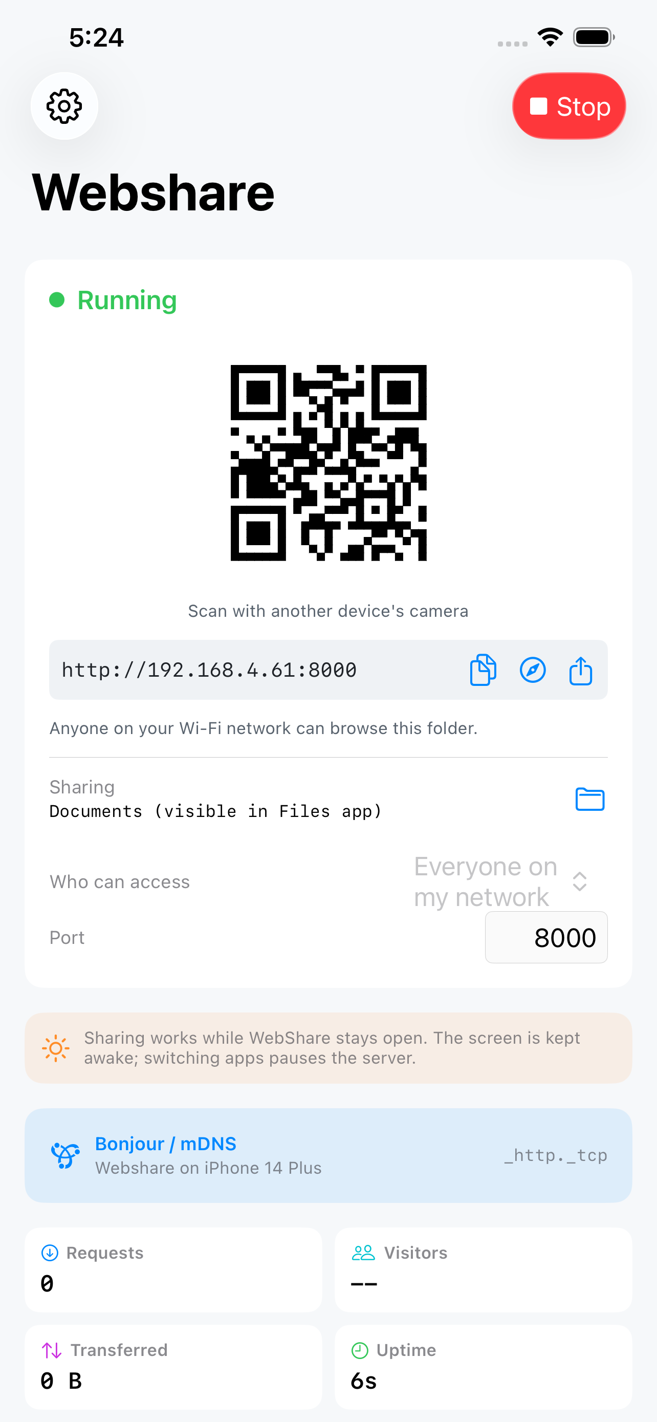The server running on iPhone &mdash; a QR code to scan with another device&rsquo;s camera over the address http://192.168.4.61:8000 with copy, open and share buttons, sharing the Documents folder visible in the Files app, access set to everyone on my network on port 8000, a warning that sharing works only while the app stays open, the Bonjour name it advertises as _http._tcp, and live counters for requests, visitors, bytes transferred and uptime