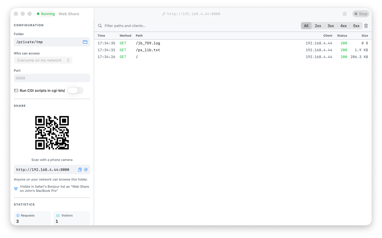 Webshare main window — folder configuration, a QR code for sharing, and a live request log